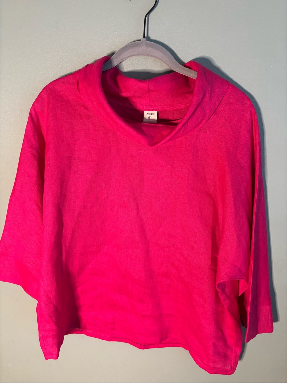 Lintico 100% Linen Draped Cowl Neck Top Hot Pink Fuchsia Size S NWT